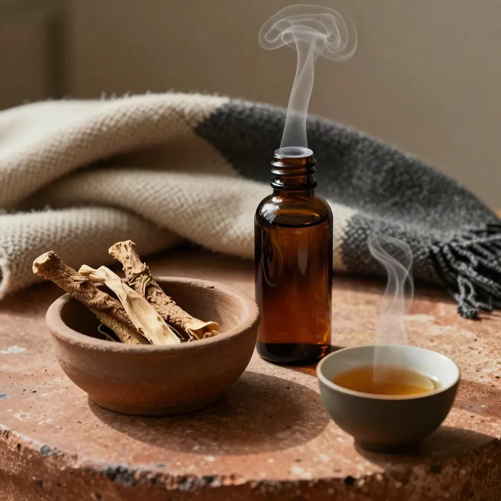 Ashwagandha bottle with root pieces, clay bowl and steaming tea cup on travertine