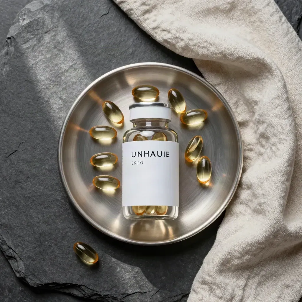 Overhead fish oil bottle with capsules, silver dish and linen napkin on cool slate.