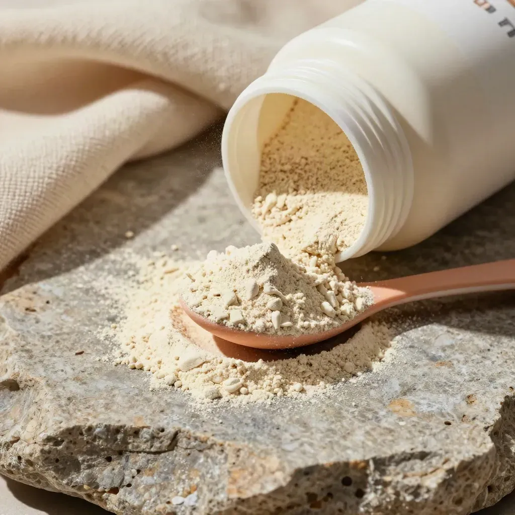 Ivory collagen powder tub with spoon mark, orange spoon, and draped cloth on limestone