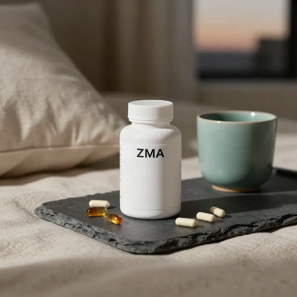Unbranded supplement bottle, capsules and slate tray beside a linen pillow in a calm bedside scene.