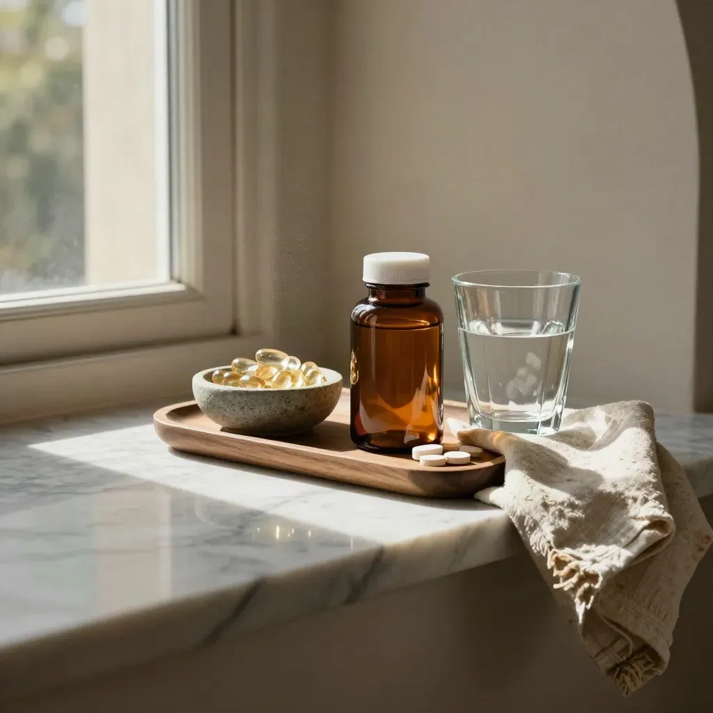 Amber vitamin bottle, capsules, water glass and linen on sunlit marble under an arched window.
