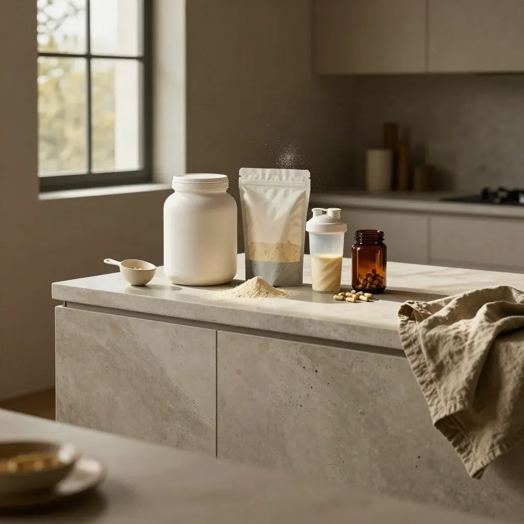 Loft kitchen with protein tub, shaker and powder on a concrete counter in afternoon light.